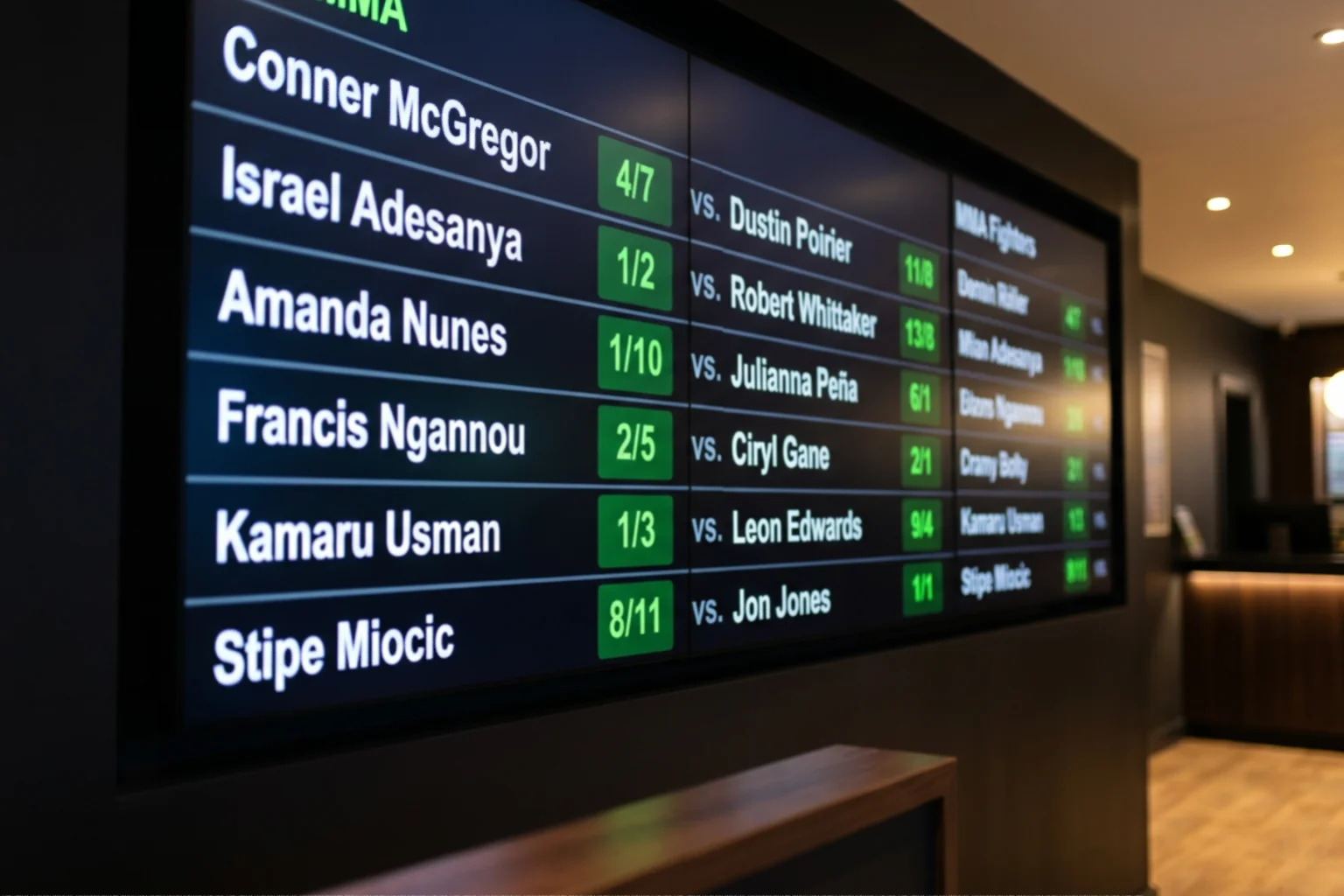 Sportsbook screen displaying UFC fight odds in fractional format for UK punters